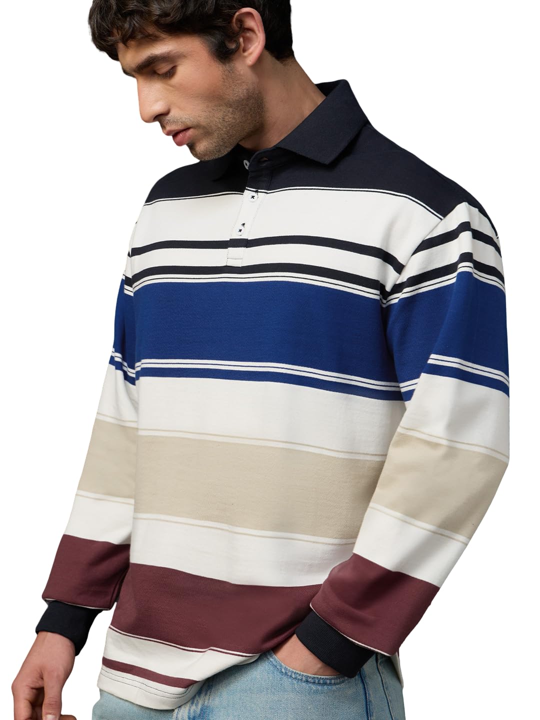 the souled store Oversized Rugby Polo: Men and Boys Long Sleeve Spread Collar Striped Cotton Oversized Fit Breathable Everyday Lightweight All-Season Polos-picture-35