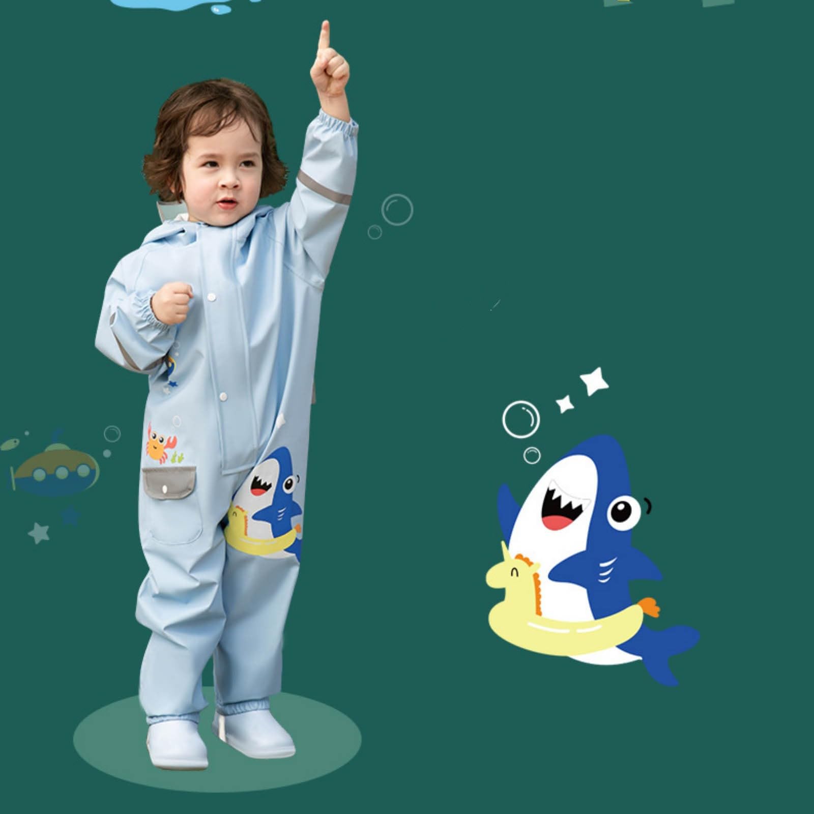 Tuta antipioggia per bambini con pantaloni impermeabili, protezione completa del corpo, con cappuccio riflettente di sicurezza per 1-8 anni