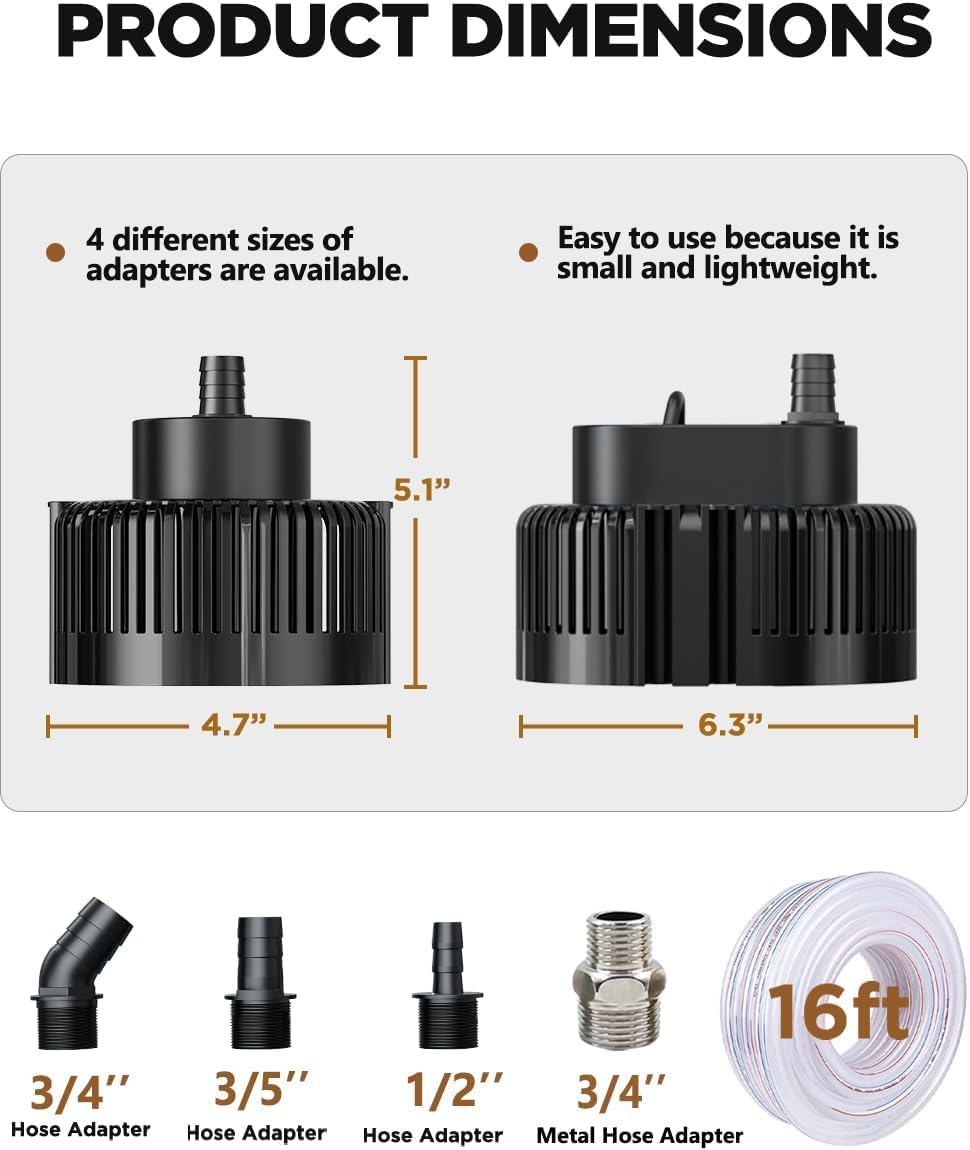 Sump Pump, 950GPH Ultra-quiet, Submersible Water Pump, Pool Cover Pump, Sump Pump for Pool Draining with 16ft Drainage Hose, Upgraded 25ft Thicker Power Cable and 4 Adapters, Black