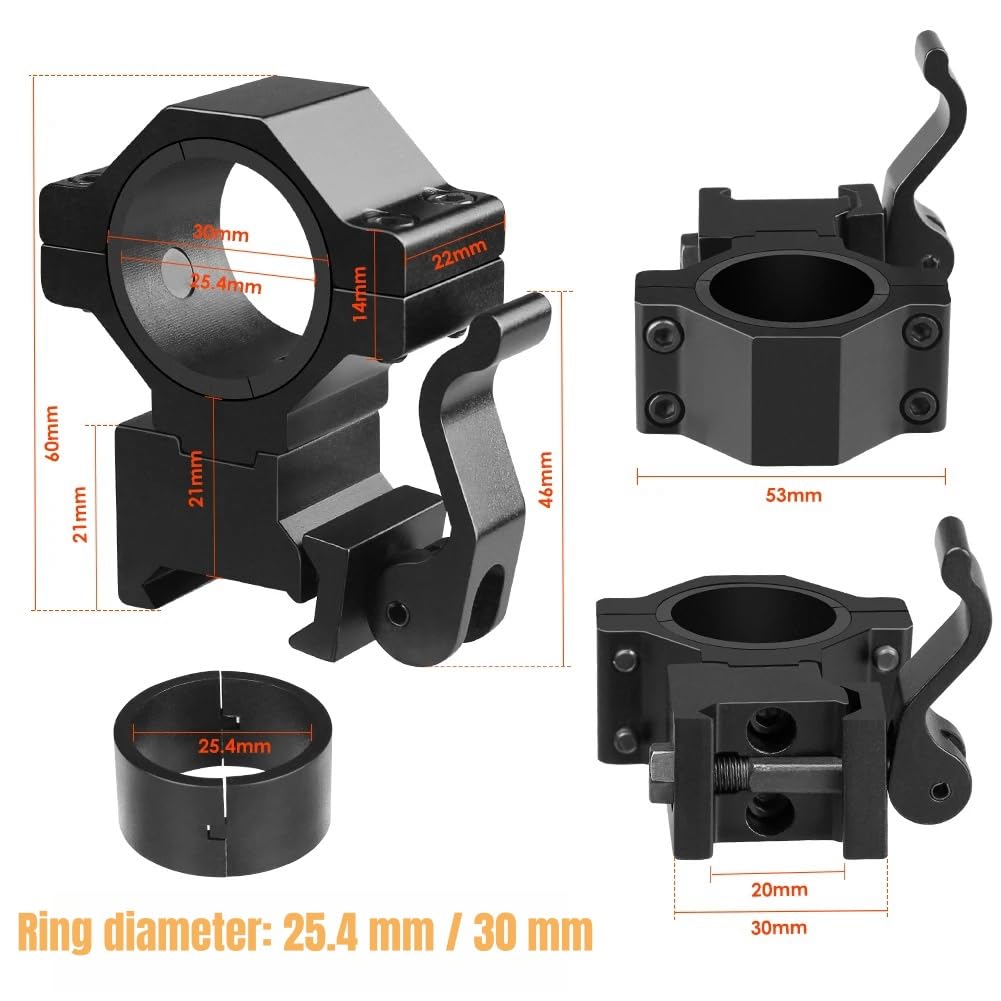 Adaptador de Anillo para mira telescópica de 25,4/30 mm | Montura de liberación rápida QD para riel P.icatinny de 20 mm | Aleación de Aluminio
