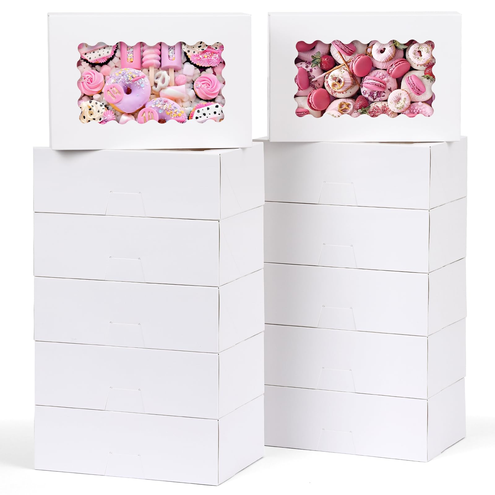 Moretoes 28pcs Cookie Boxes with Window, 9x6x3 Inch White Christmas Bakery Boxes Paper Gift Giving Cupcake Boxes Dessert Boxes Pastry Boxes for Chocolate Covered Strawberries, Candy, Muffins, Donuts
