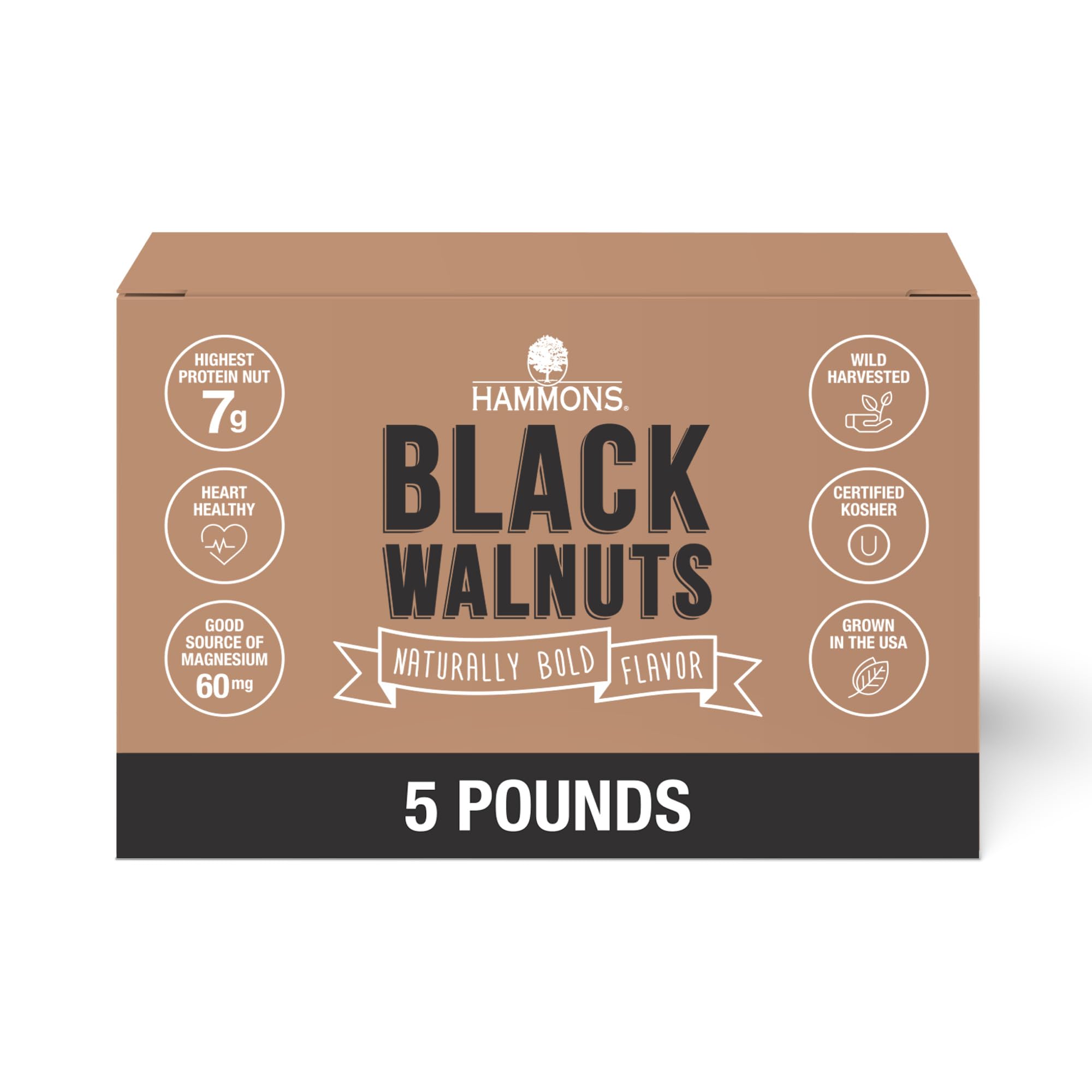 Hammons Fancy Large Black Walnuts -Wild Harvested - Non-GMO - Gluten-Free - High Protein - Keto Snack - Nuts for Cooking and Baking - 5Lb Box