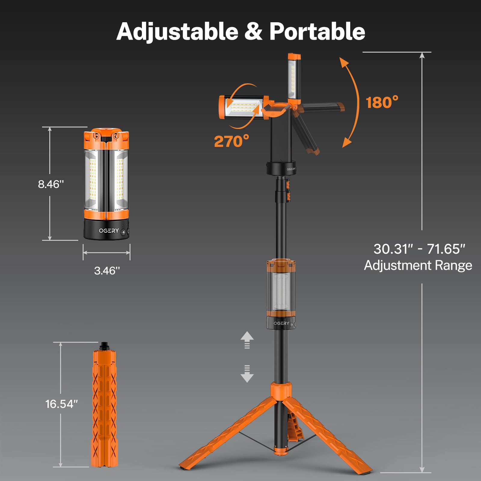 OGERY Lampe de camping rechargeable de 10 000 mAh avec support de 2 m de hauteur maximale, lampe de travail sans fil avec 3 têtes de lampe LED, 2200 lumens, lampe de poche d'urgence magnétique à