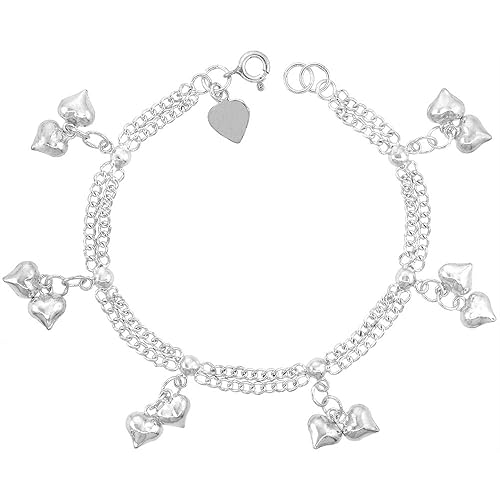 Sterling Silver Dangling Double Hearts Anklet for Women 2 Row 16mm drop fits 9-10 inch ankles