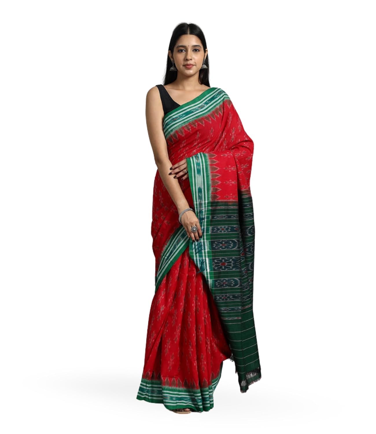 ODISHAHANDLOOM Sambalpuri Pure Cotton Handloom Saree, Traditional Ikat Pattern, Red and Green, Without Blouse