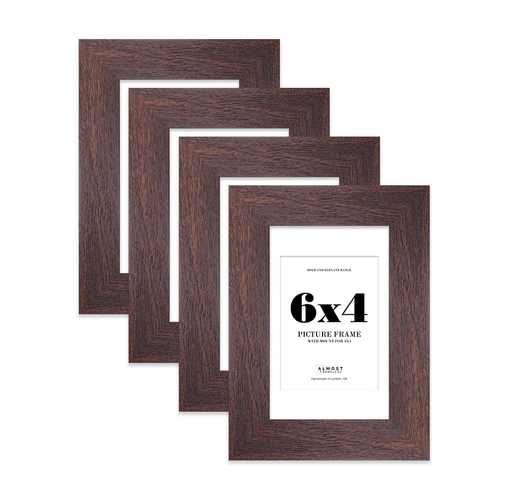 6x4" Walnut Frame With Mount for 4x3" Pictures 28mm Edge Portrait and Landscape Display with Wall Hooks and Kickstand, 4 Pack