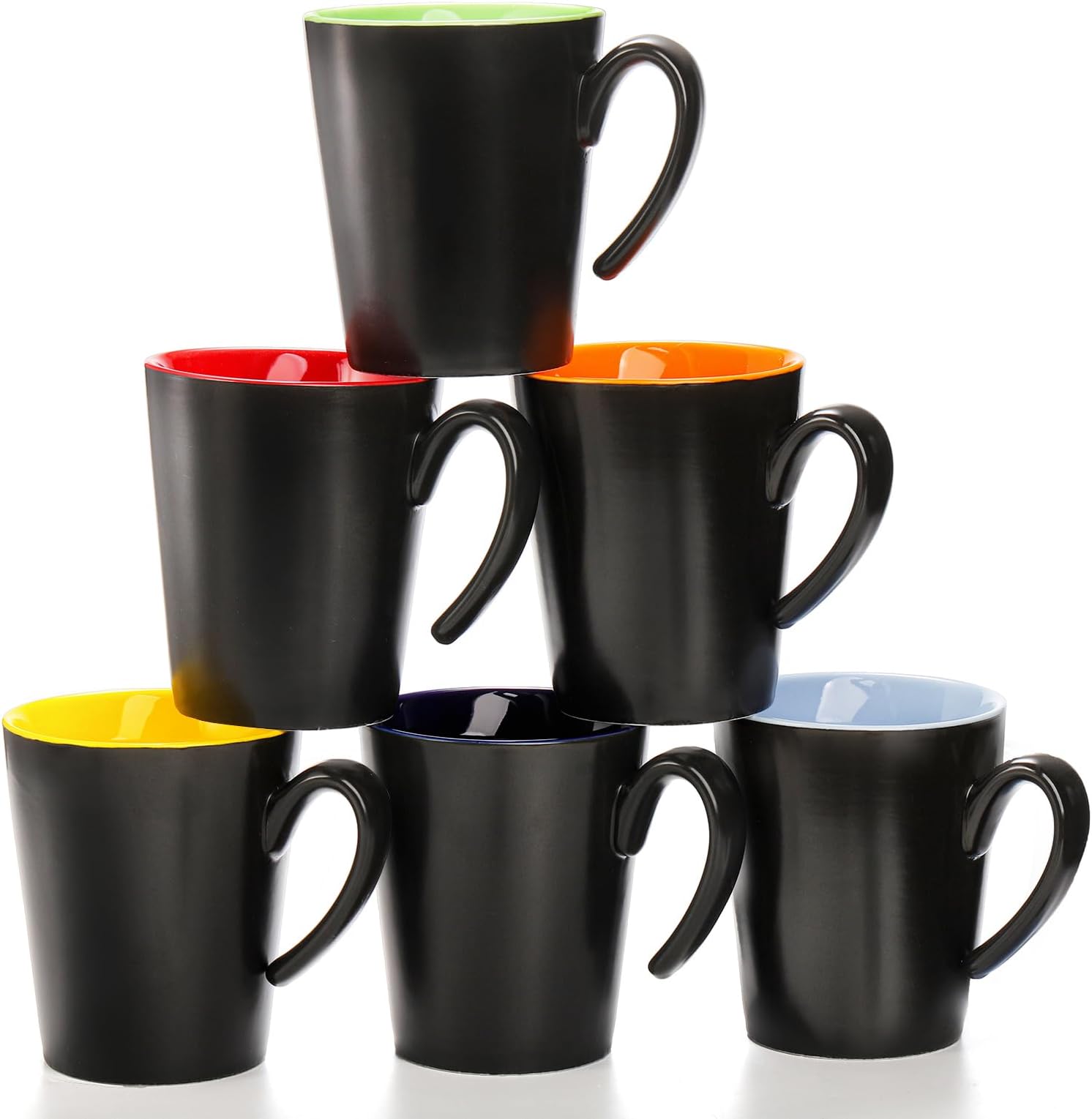 Yesland 6 Pack Ceramic Coffee Mug Set, 12 oz Restaurant Coffee Cups with Large Handle Drinking Cups for Tea, Latte, Cappuccino, Milk, Black Outside and Colorful Inside, Dishwasher and Microwave Safe