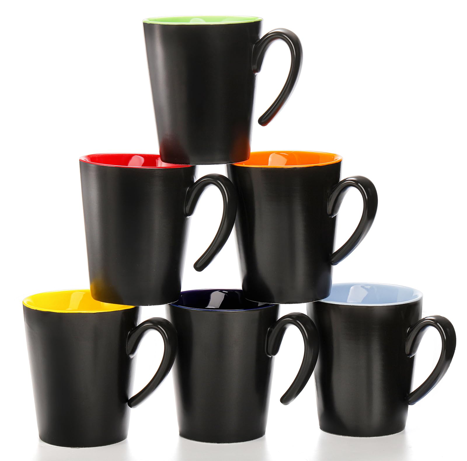 Yesland 6 Pack Ceramic Coffee Mug Set, 12 oz Restaurant Coffee Cups with Large Handle Drinking Cups for Tea, Latte, Cappuccino, Milk, Black Outside and Colorful Inside, Dishwasher and Microwave Safe