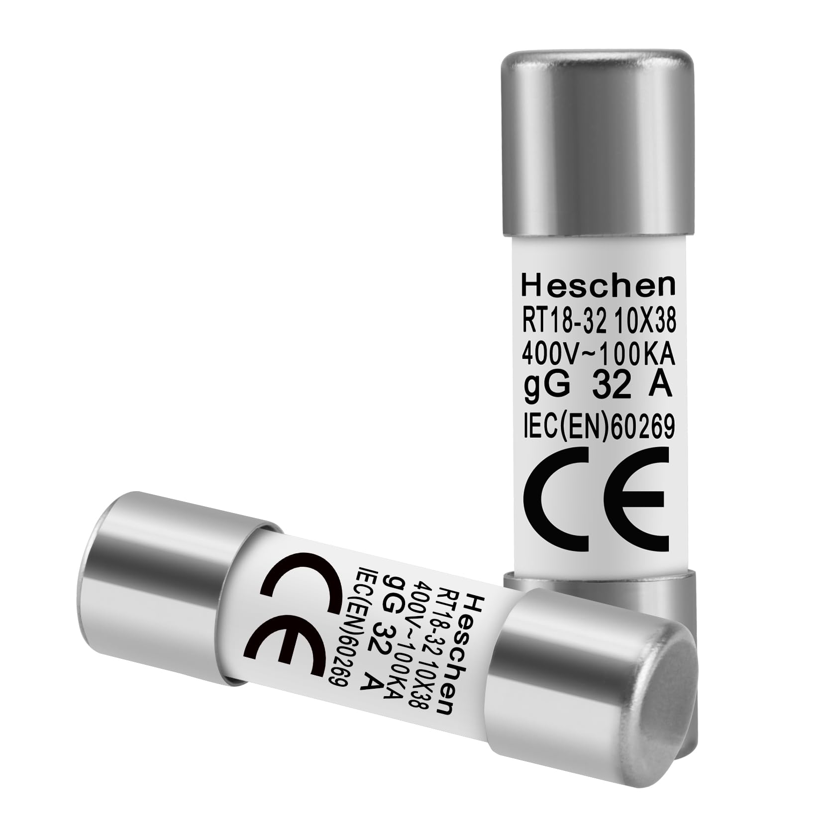 Heschen - Fusible cilíndrico de cerámica, RT18-32 (RO15), 10 x 38 mm, 32A 400V, CE, paquete 10 unidades