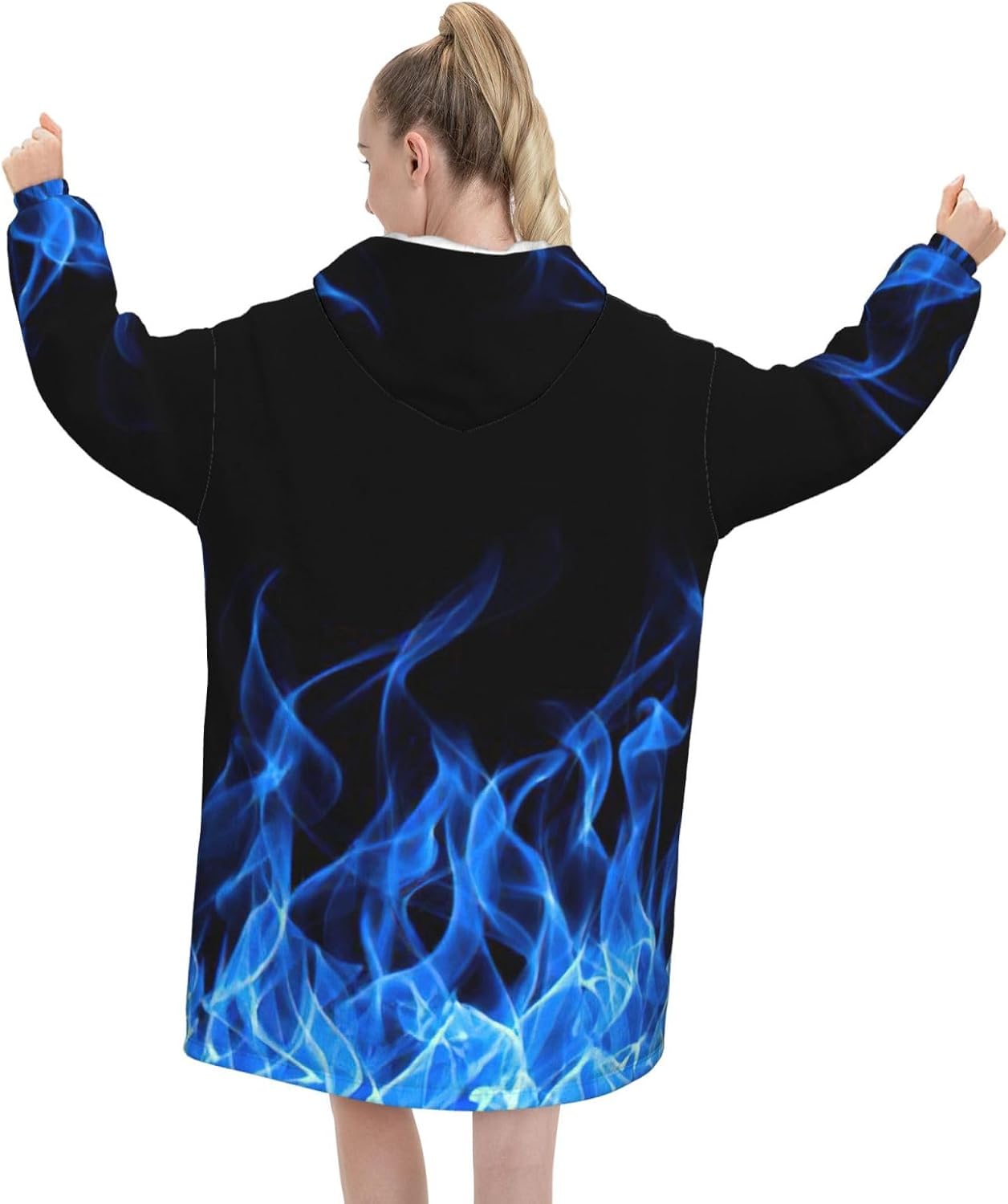 Blue Flameprint Oversized Hoodie Blanket, Super Soft Warm Comfortable Hoodie, Wearable Blanket Adult
