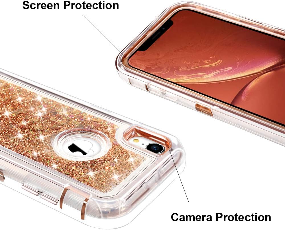 Anuck Case for iPhone XR Case (6.1 inch), 3 in 1 Hybrid Heavy Duty Defender Armor Case Sparkly Floating Liquid Glitter Protective Hard Shell Shockproof Anti-Slip TPU Bumper Cover - Rose Gold
