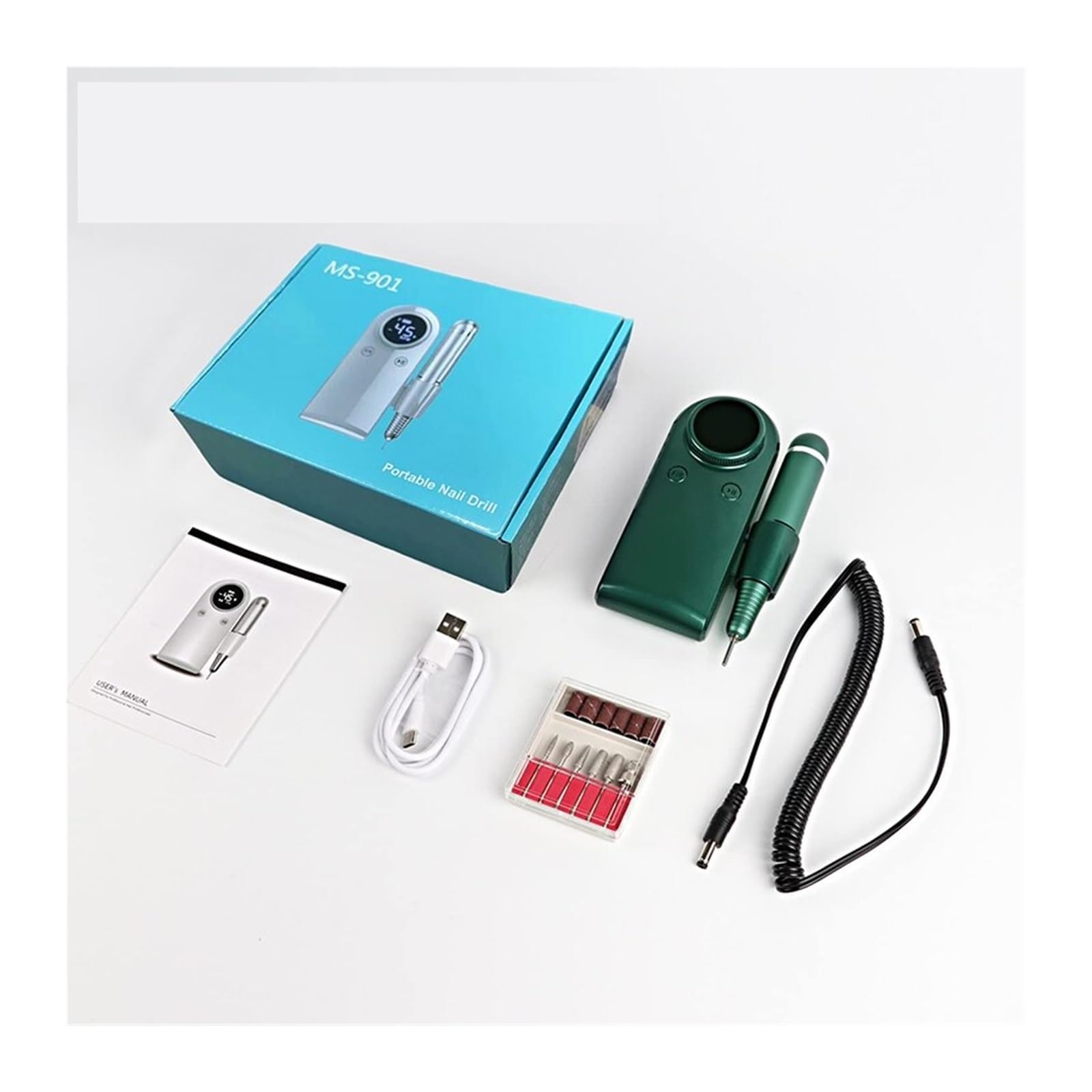 Fresa per Unghie, Macchina for manicure con trapano for unghie ricaricabile da 45000 giri/min, trapano for unghie professionale con display LCD, trapano portatile a batteria for nail art(Green Set)