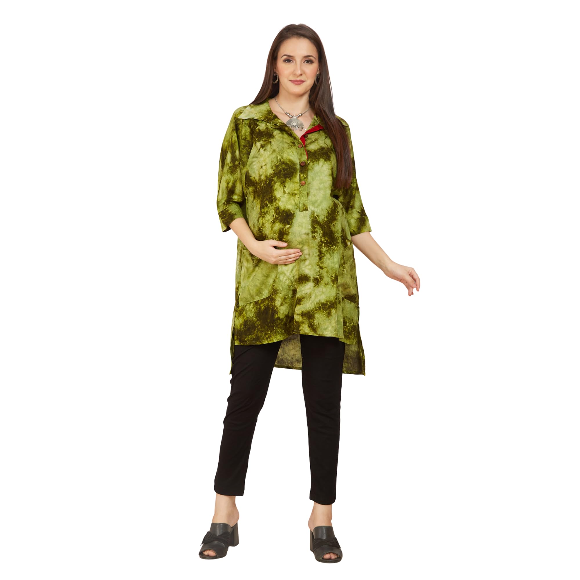 Olive Green Rayon Maternity Shirt-image-49