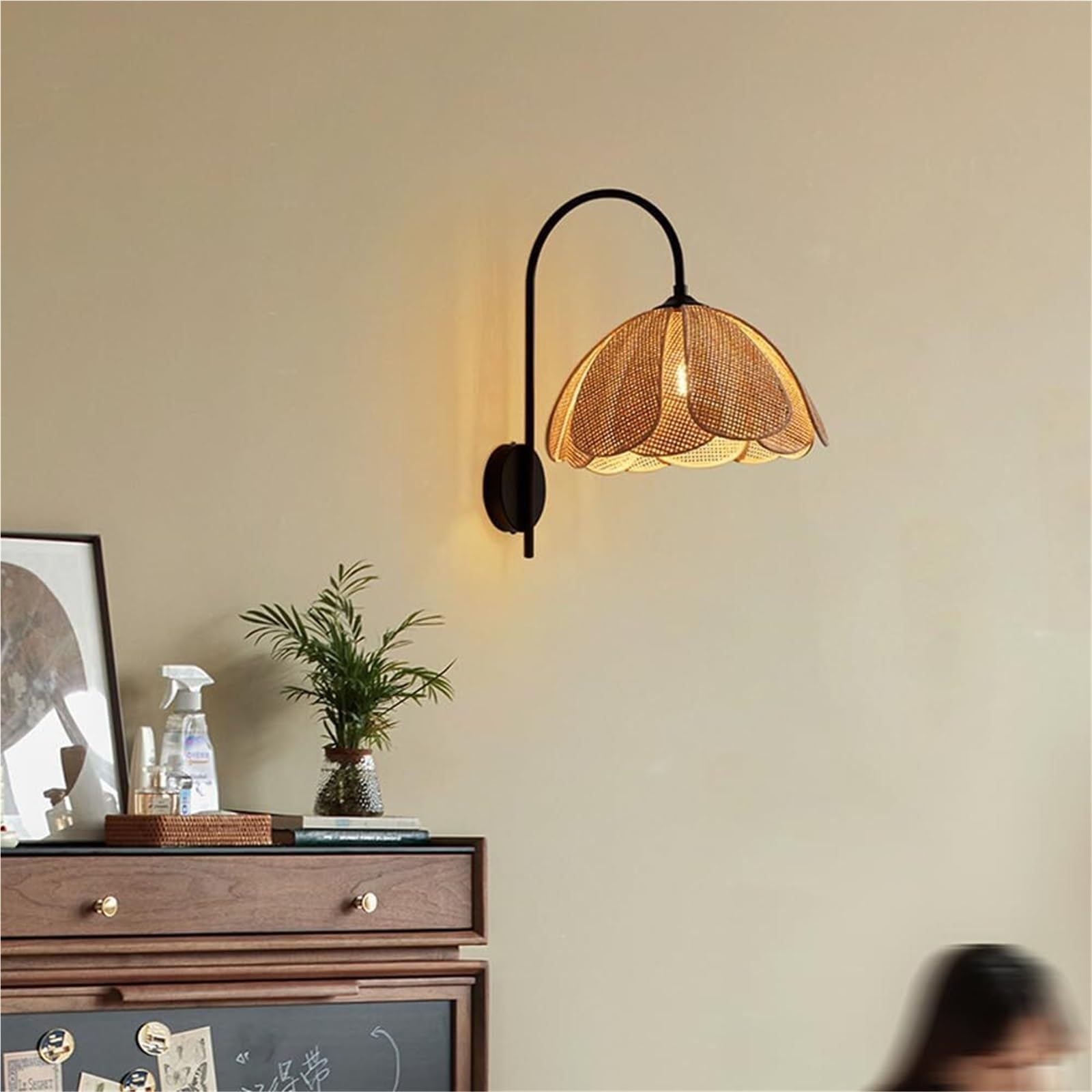 Générique Nowoczesna lampa ścienna do sypialni przedpokój salon duży kwiat czeski rattan ręcznie tkany wiklinowy czarny łabędź szyja na stolik nocny kuchnia oświetlenie ścienne