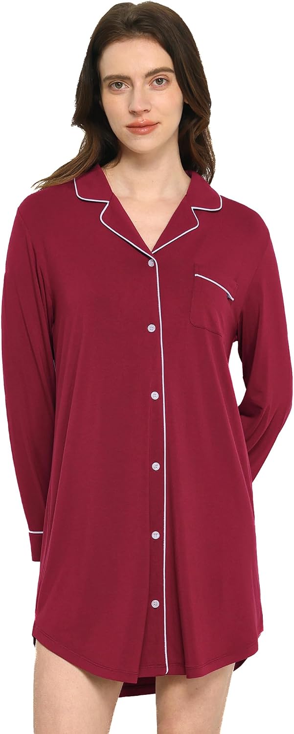 GYS Premium Women's Nightgowns Button Down Sleepshirt Long Sleeve Notch Collar Boyfriend Nightshirt