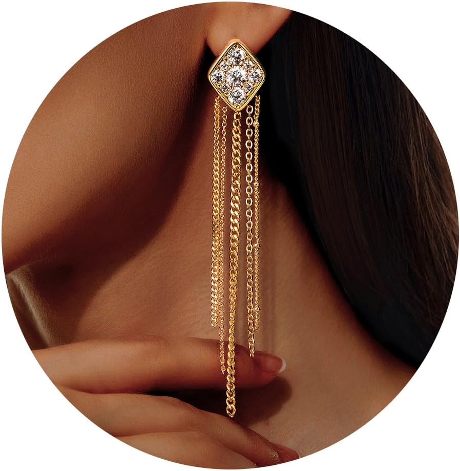 Cicy Bell Womens 18k Gold Plated Long Tassel Dangle Earrings Elegant Cubic Zirconia Chain Chandelier Drop Earrings Trendy Jewelry Gifts for Lover Mom Friends