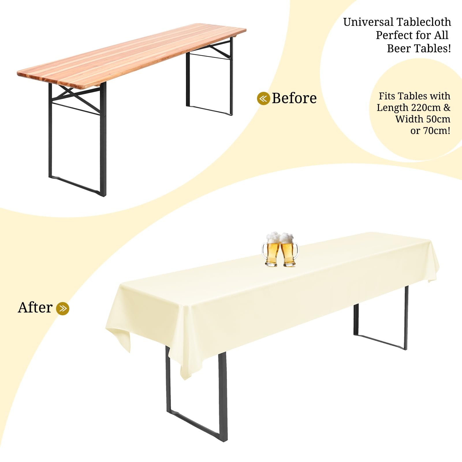 6 manteles universales para mesa de cerveza, beige, para mesas de cerveza, 70 cm y 50 cm, fundas rectangulares, lavables, 110 x 260 cm (beige)
