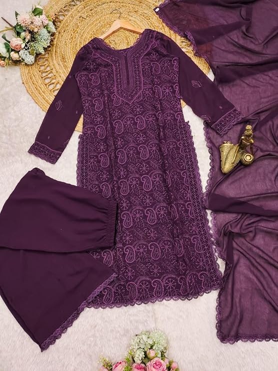 Image of Women Embroidered Straight Kurti with Palazzo And Dupatta Set | Elegant Ethnic Wear Kurta Set | V-Neck Long Sleeve Kurti | Stylish Casual, Festive & Wear for Women