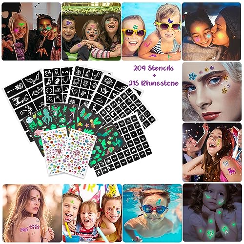 Glitzer Tattoo Set für Mädchen & Erwachsene - 42 Farben Temporäre Tattoos, 215 Strasssteine, 204 Schablonen, 24 Glitzerpulver, 3 Kleber… – Ansicht 4