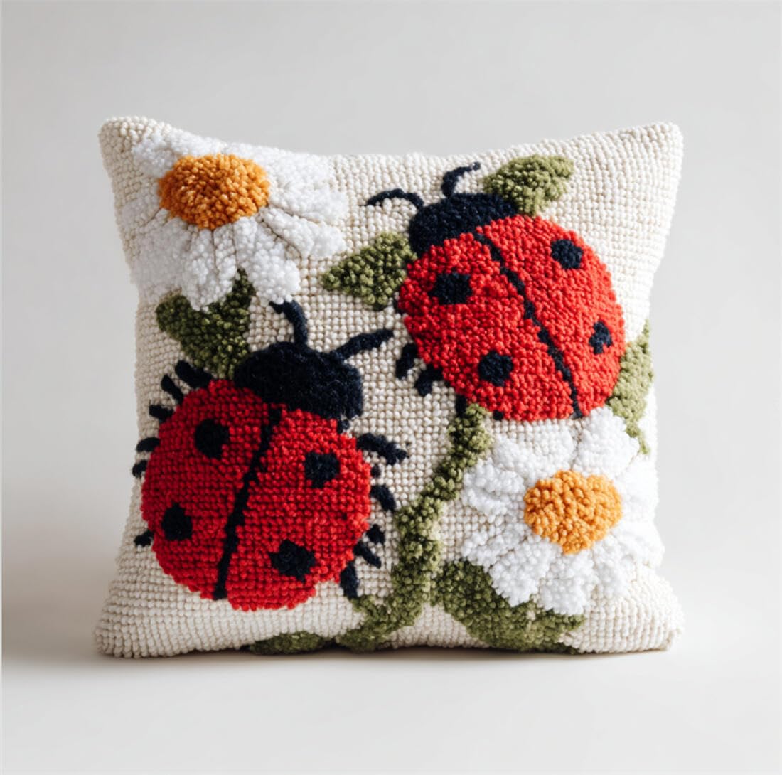 Kitquiver Cushion Making Kit Cartoon Ladybugs and Flowers Latch Hook Kit Pillow DIY Rug Crochet Hook Cushion Making Kits with Preprinted Pattern Canvas 17x17In