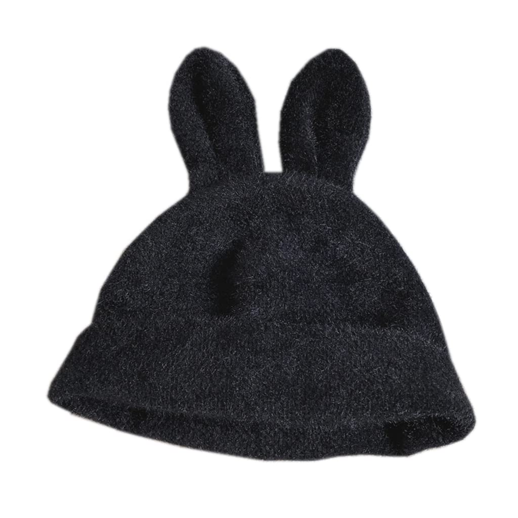 3D Rabbit Ears Beanie Hats Bunny Crochet Cap Cute Plush Winter Hat for Women Girls (Black)