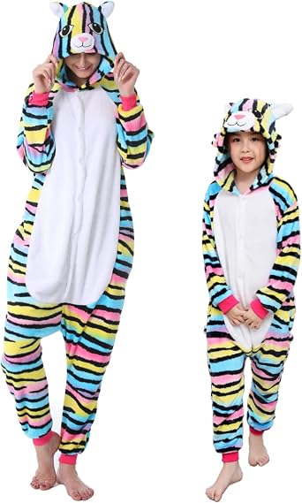 Adult Kid Animal Color Cat Onesies Pajamas Cute Cosplay Halloween Xmas Costume Winter Girls Hooded Sleepwear