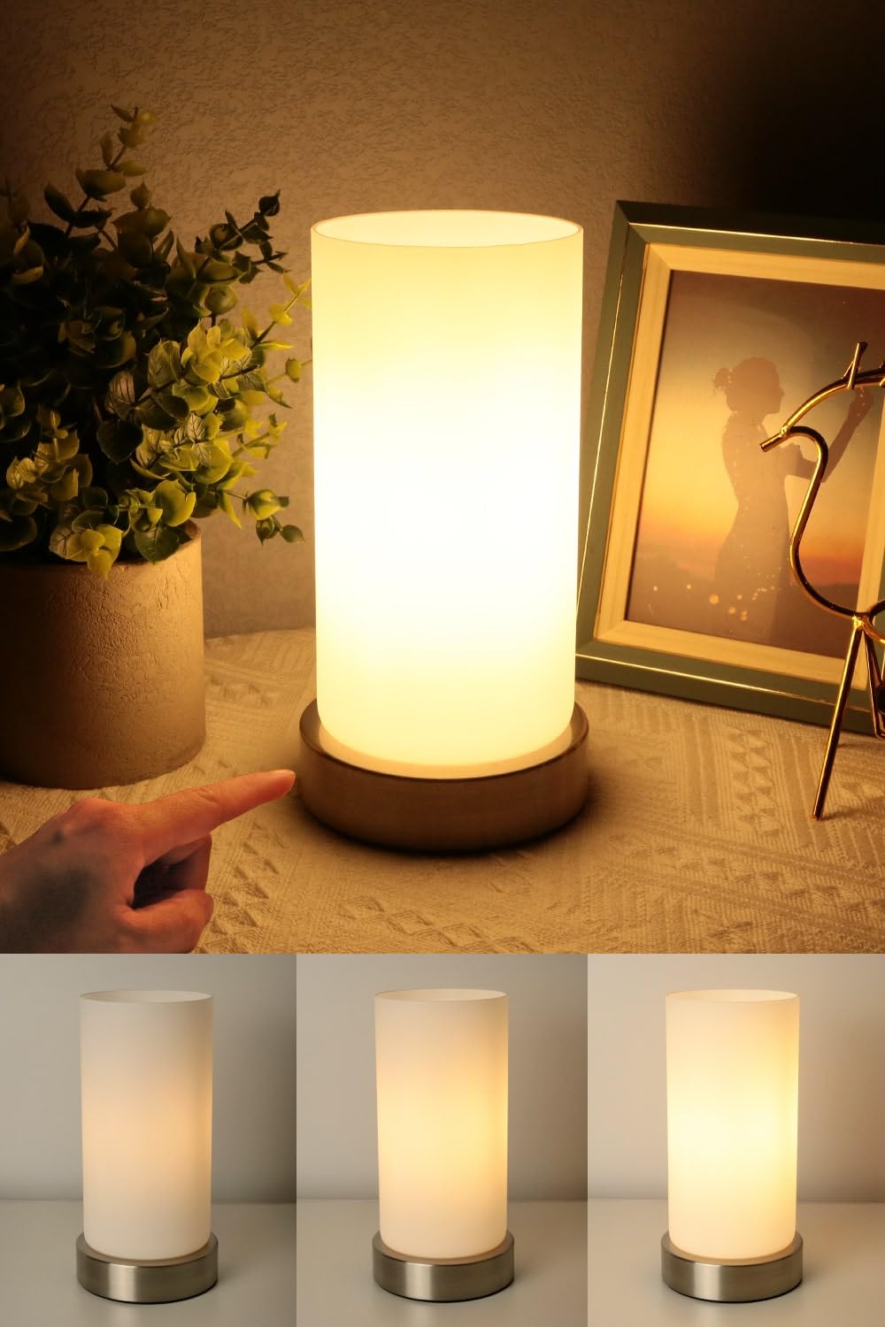 HSLightingHSLighting Bedside Lamp Touch Control Night Light with Wooden Base Warm Glass Shade 3-Level Dimmable LED Light Bulbs Desk Lamp Minimalist Table Lamp for Bedroom Living Room Children's Room Decor