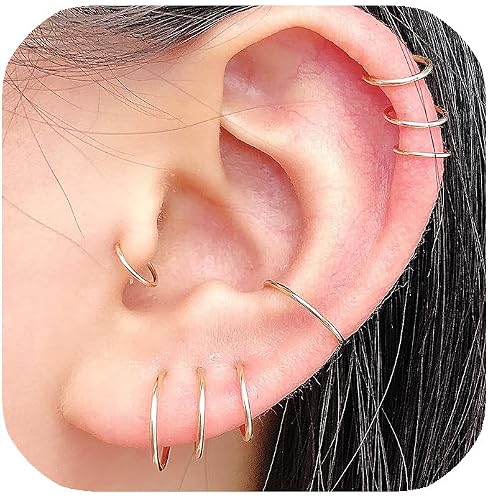 Small Gold Huggie Hoop Earrings for Cartilage Nose Helix Tragus Conch Piercing, Tiny Thin 14K Yellow Gold Filled or Sterling Silver Hoop Earrings