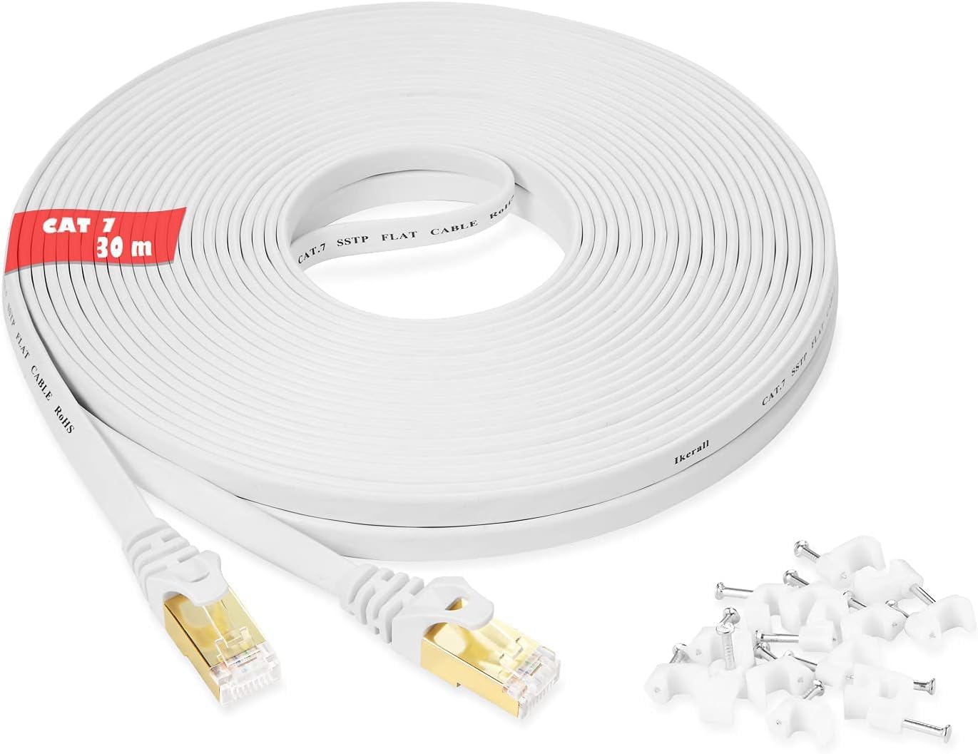 Cat7 Ethernet Cable 100 ft High Speed White – 10GB Fastest Shielded (STP) Computer Internet Cable Flat LAN Internet Wire with Snagless RJ45 Connectors– 100 feet White (30.5 Meters)