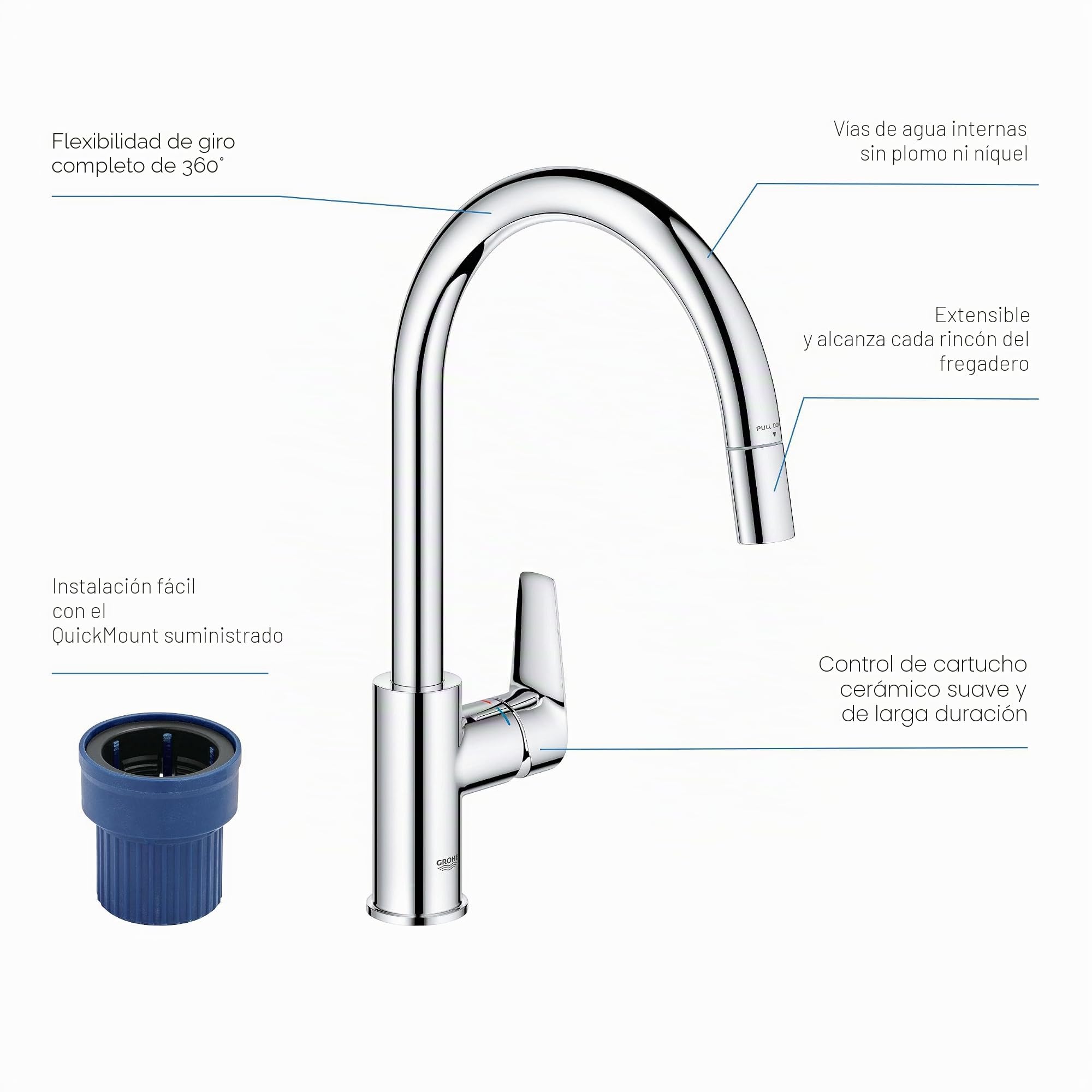 GROHE Start Edge QuickFix - 1 grifo mezclador de palanca con función extraíble (pico alto en C, superficie giratoria de 360°, cartucho de cerámica de 28 mm, colas de 1/2 pulgada, alta presión), tamaño