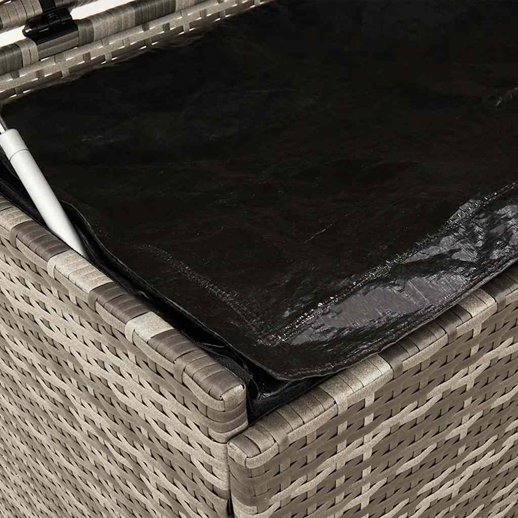 Gartentruhe aus Poly Rattan Grau 110x55x73 cm mit Rollen, wasserabweisender Tasche für Kissen, Auflagen und Outdoor-Zubehör auf Terrasse und Garten