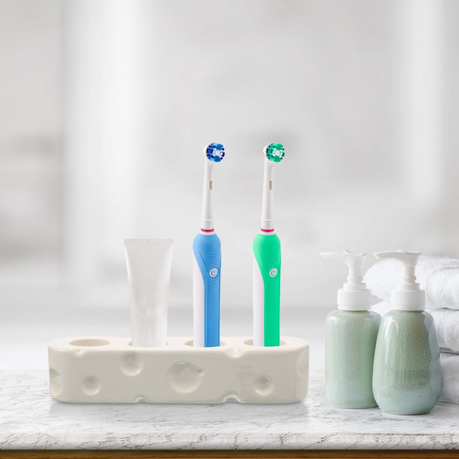 Electric Toothbrush Holder with 4 Slots Ceramic Toothbrush Stand Bathroom Organizer Toothpaste and Razor Holder White for Bathroom Counter Storage