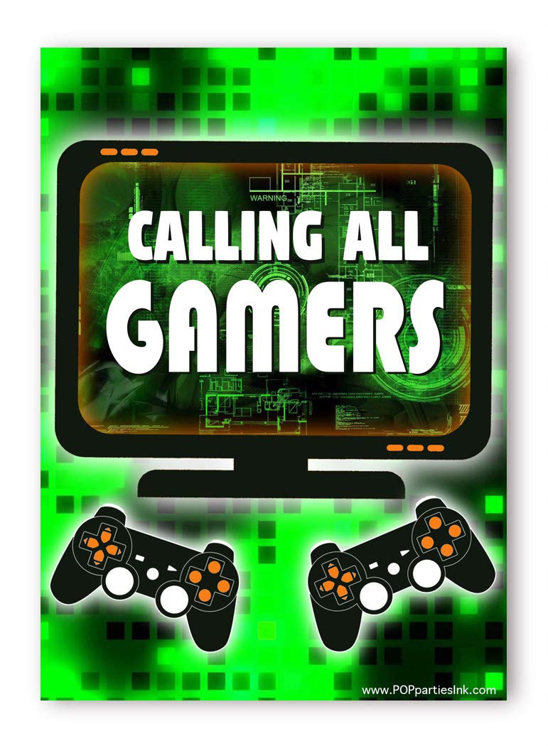 POP parties Gaming Green Party Large Invitations - 10 Invitations + 10 Envelopes - Double Sided - Video Game Invitations - Game Truck Party Supplies - Green