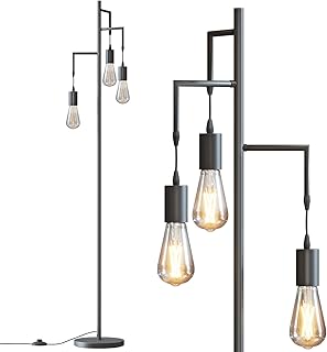 SUNMORY Farmhouse Industrial Floor Lamp for Living Room,Standing Tree Floor Lamp with 3 Edison Led Bulbs,Rustic Floor Lamps for Living Room，Bedroom，Black Floor Tall Lamp for Living Room，Office