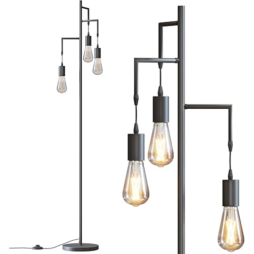 SUNMORY Farmhouse Industrial Floor Lamp for Living Room,Standing Tree Floor Lamp with 3 Edison Led Bulbs ,Rustic Floor Lamps for Living Room，Bedroom，Black Floor Lamp,Tall Lamps for Living Room，Office