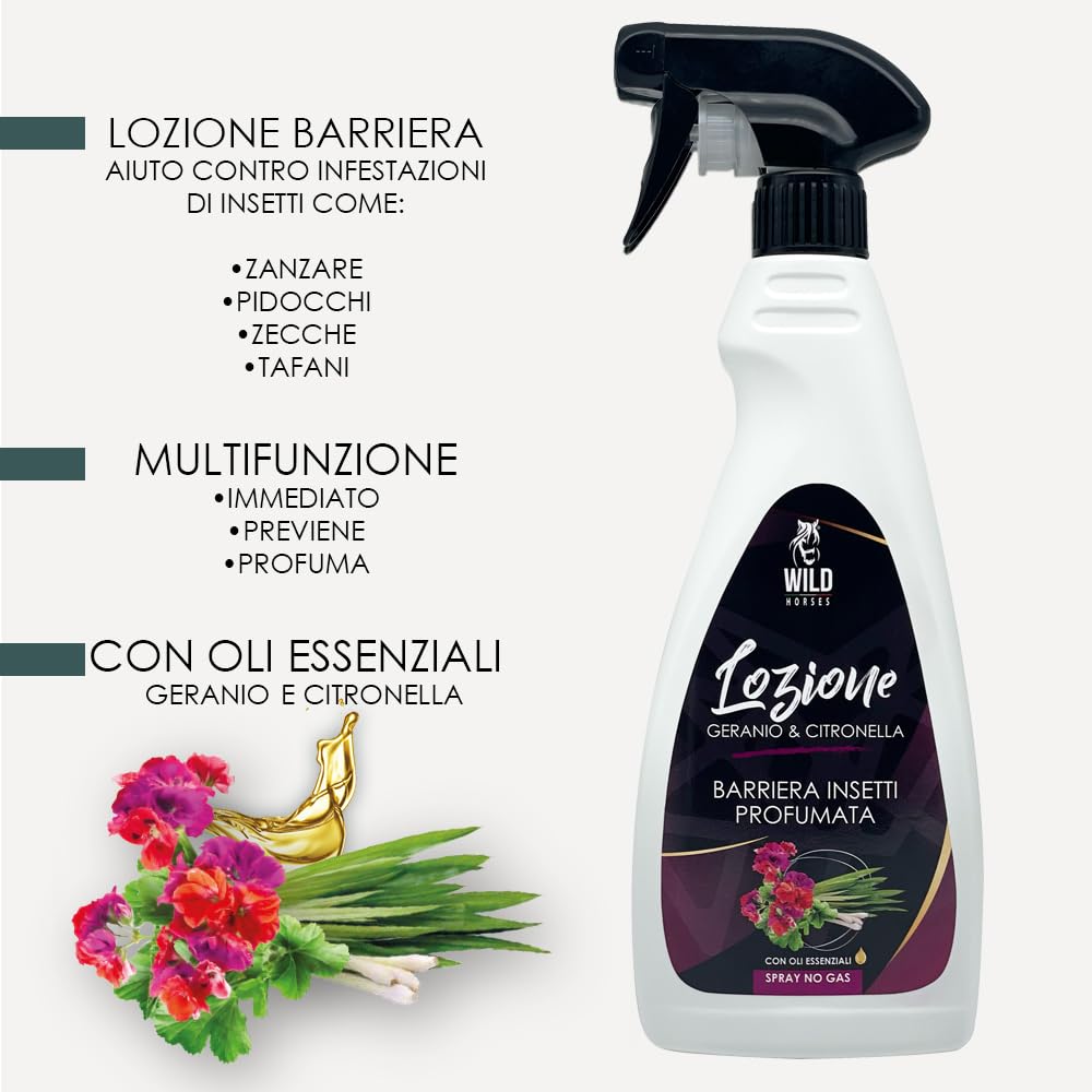 Wild Horses | Lozione Spray Repellente Zanzare e Antiparassitario per Cavalli, 100% Naturale, 500ml, Made in Italy (Geranio e Citronella)