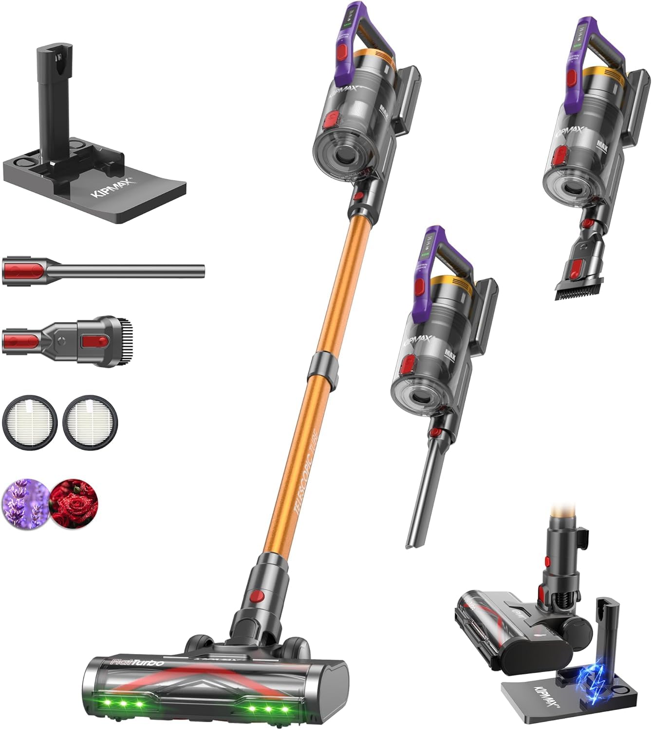 KIPMAX Aspirateur Balai sans Fil, pour Sols Durs, Tapis, Animaux et Voiture, 550W/50KPa/70Mins Aspirateur sans Fil Puissant, avec Base de Chargement et de Rangement, Parfumé, Brosse Anti-Enmêlement