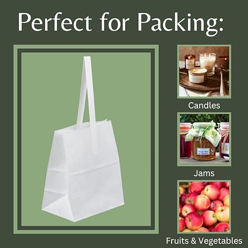 Miniatura 3 de Paquete de 50 bolsas de papel kraft blancas fabricadas en Estados Unidos con asas (6.75 x 4.25 x 8 pulgadas) perfectas para productos de medio punto