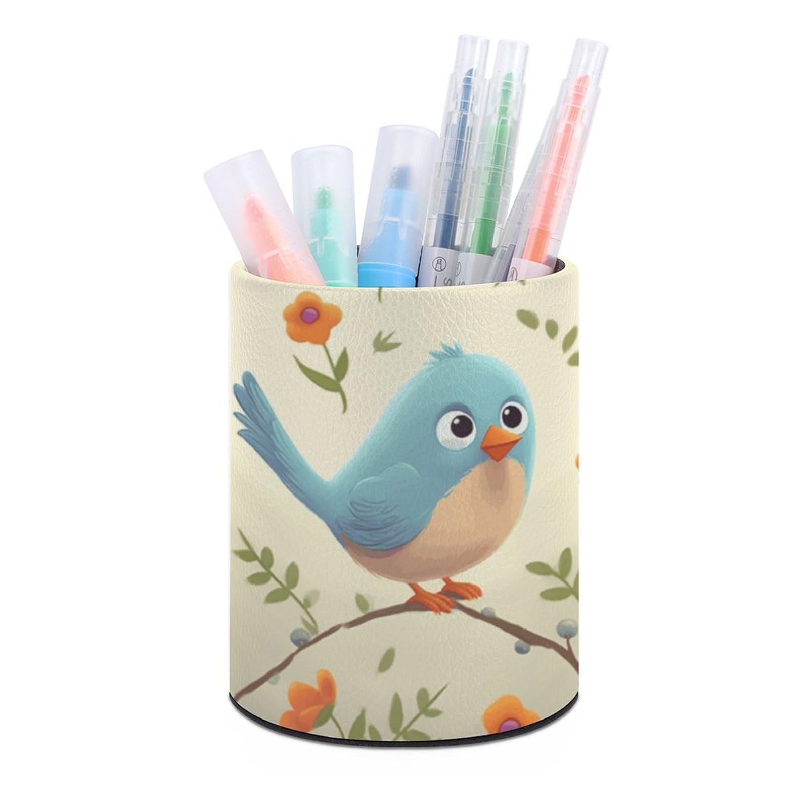 VstaDank Cute Bird Pen Holder PU Leather Pencil Cup Minimalist Desk Pencil Holder Round Make Up Brush Organizers For Office Dorm Room&Vanity Desk Accessories