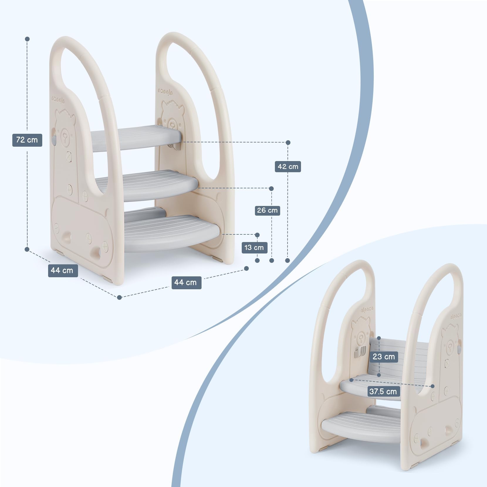 Tritthocker für Kinder, Trittleiter Kinder mit 3 Stufen, Höhenverstellbar, Sicherer, Lernturm, Trittschemel, Tritt-Schemel Kinderschemel für Baby (Weiß/Hellgrau)