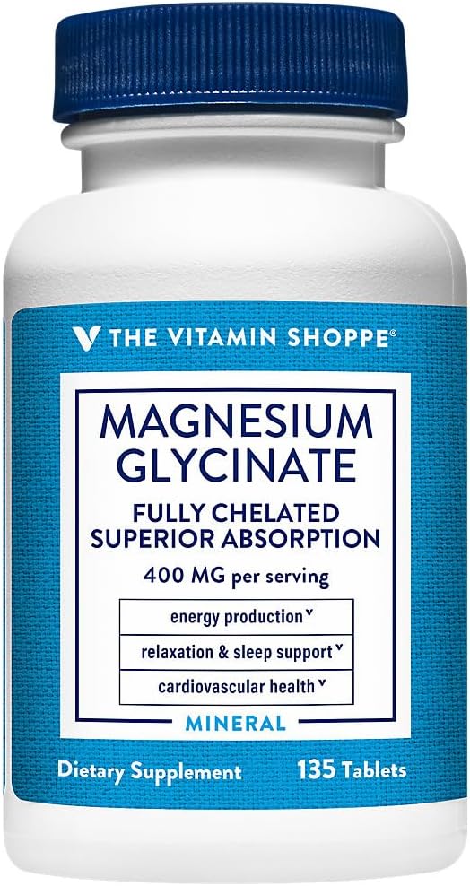 The Vitamin Shoppe Magnesium Glycinate 400 MG, Fully Chelated Magnesium for Superior Absorption, Supports Energy Production, Relaxation & Sleep Support, Cardiovascular Health, Gluten Free, 135 Tablets