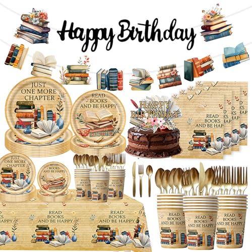 185pcs Book Themed Birthday Party Decorations for 24 Guests Reading Theme Party Supplies with Plates Napkins Cups Tablecloth Banner and Cutlery for Book Party Decorations
