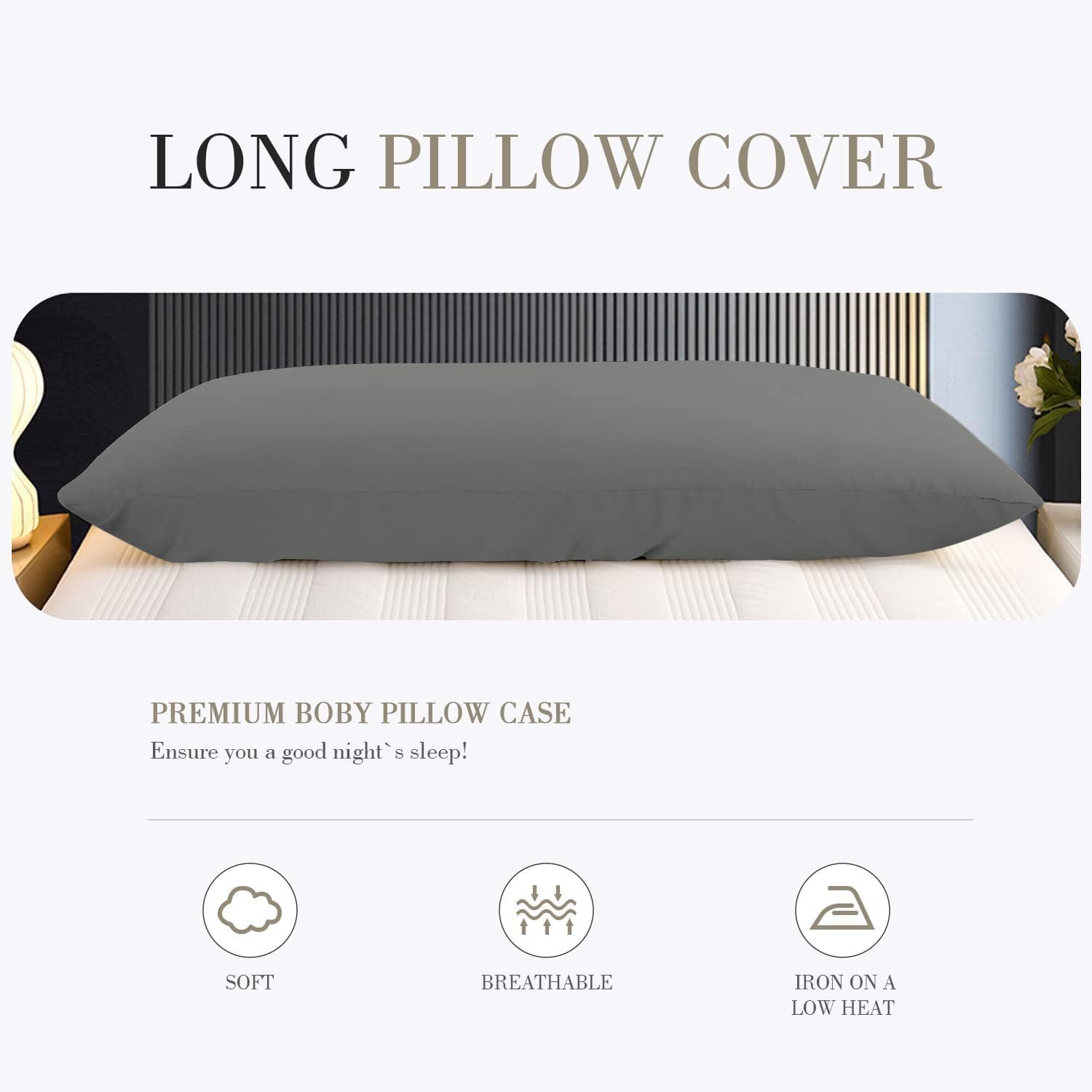 TBM Body Pillowcase Oversized 100% Egyptian Cotton | 600 Thread Count (Pack of 2) | Softest Long Staple Cotton Rich Quality Envelope Closure Body Pillow Covers 22x54 inches (Dark Grey)