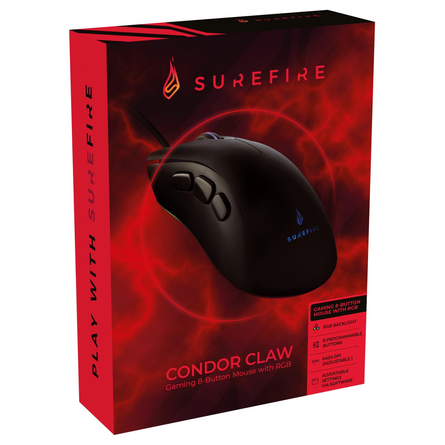 SureFire Condor Claw Mysz Gamingowa 8 Przycisków, Oświetlenie RGB, Mysz Komputerowa 6400 Dpi, 8 Programowalnych Przycisków, USB 3.2 Gen 1 i USB 2.0, Windows, Mac i Konsole, Zasilanie przez Verbatim