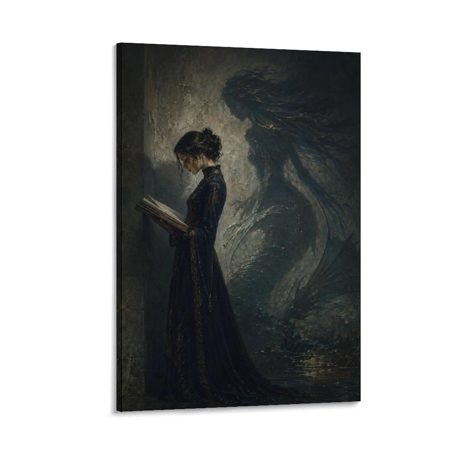W7C8U2X3 Woman Reading Dragon Shadow Canvas Wall Art, Mythical Dragon