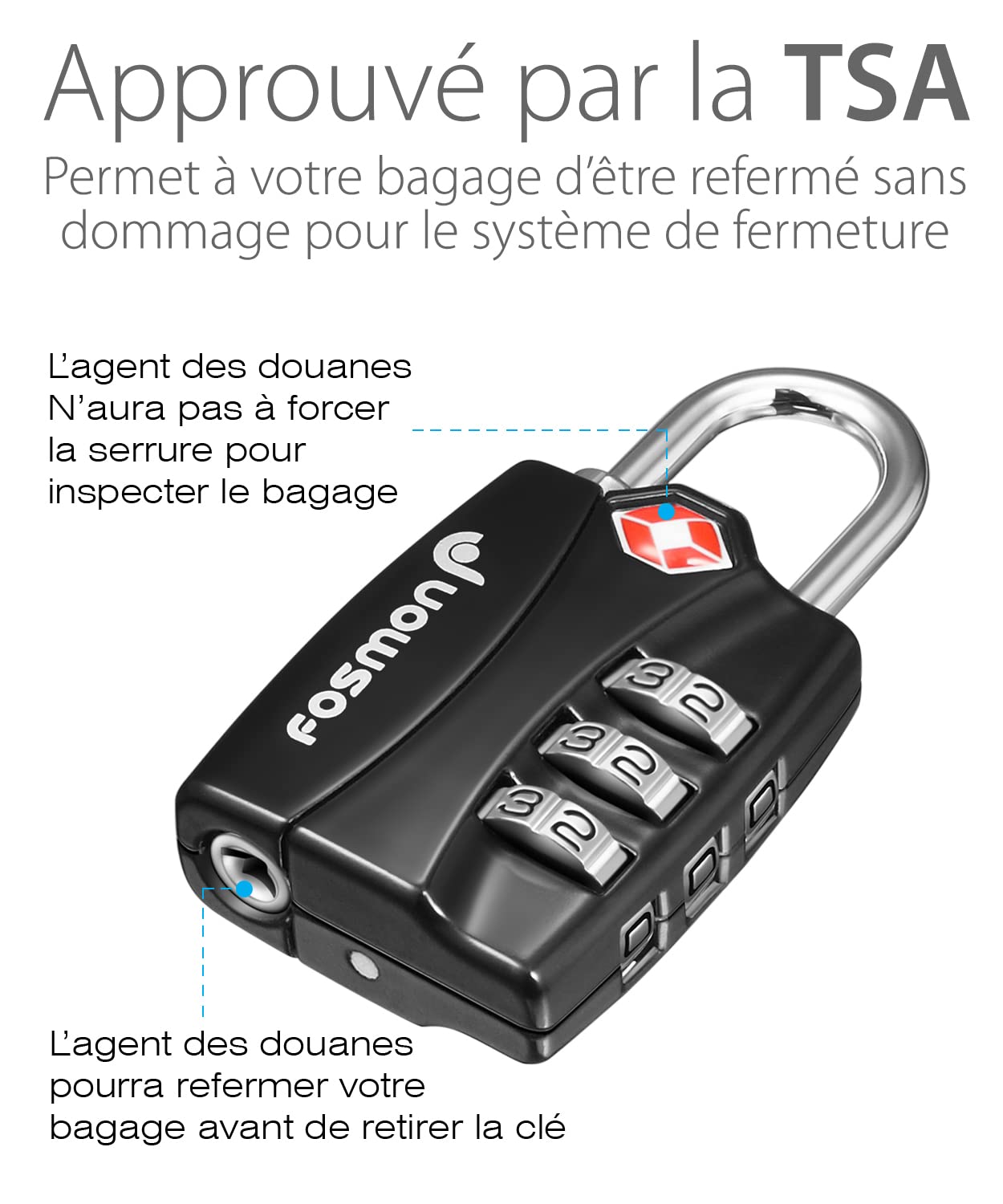 Fosmon - Cadenas de voyage TSA de qualité supérieure | Pour valise, sac, sac à dos et valise | Code à 3 chiffres | Alliage de zinc inoxydable | Avec indicateur d'ouverture