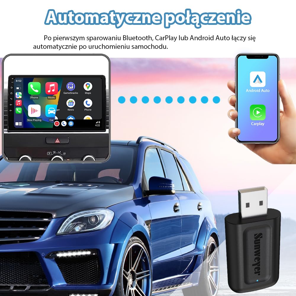 Sunweyer Bezprzewodowy Adapter CarPlay i Android Auto do Samochodów z Łącznością Przewodową | Port USB-A | Plug & Play | Automatyczne Łączenie (Niezgodny z BMW/Samochodami bez CarPlay)