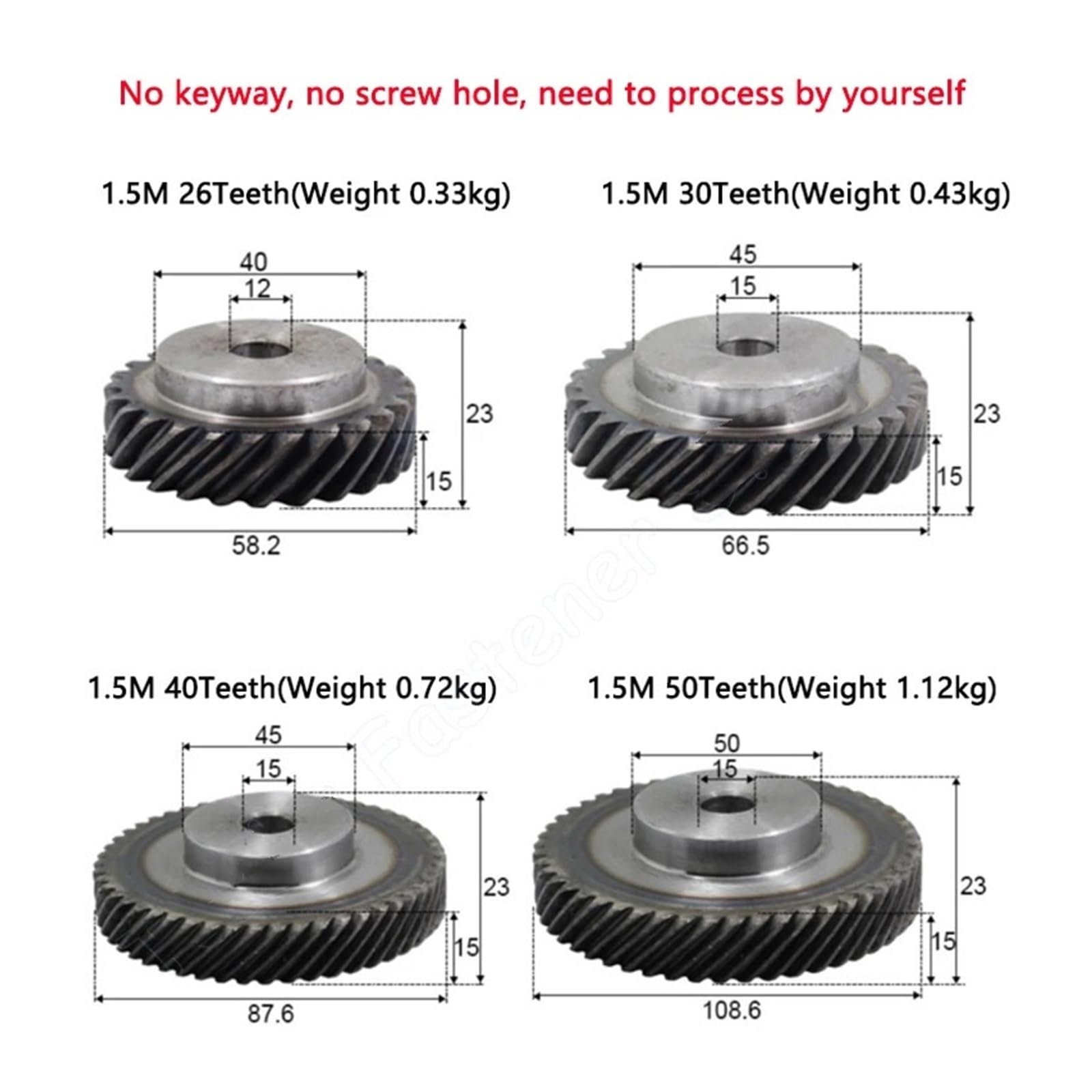 Bevel Gear Pinion Hardware Mechanical 1pcs 1.5M 26T 30T 40T 50T 45 Degree Right Hand Helical Gear Steel Staggered Gear Process Hole Transmission Parts(26 Teeth (Bore 12mm))