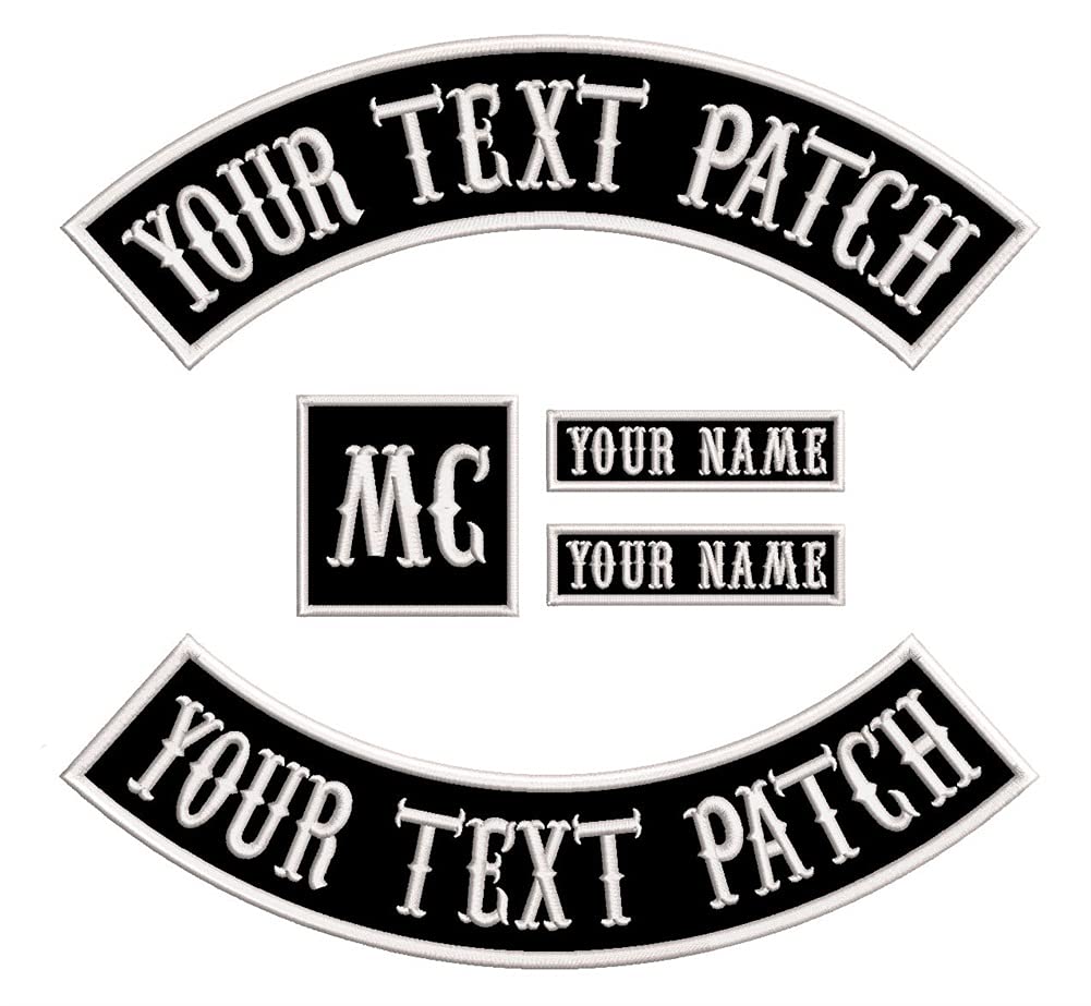 5 parches bordados personalizados para chaleco de motociclista, motocicleta, Rocker (color: blanco sobre negro)