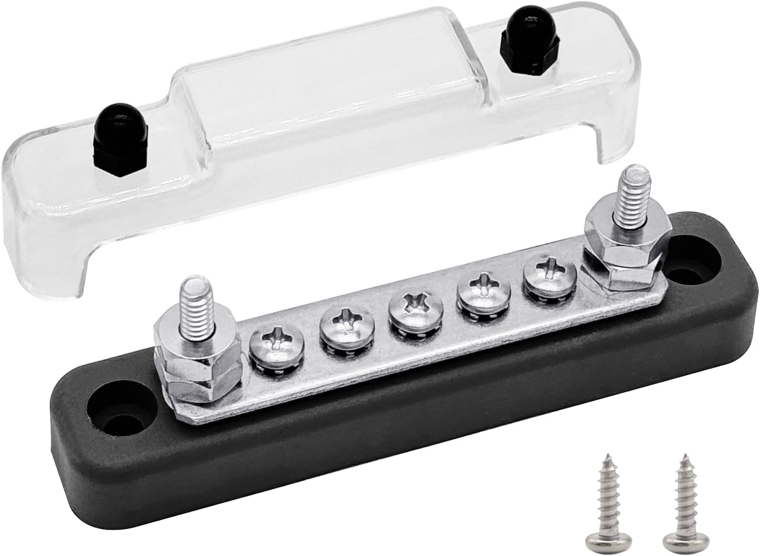Ampper 2 x #10 (M5) Studs & 5 x #8 (M4) Terminal Screws Bus Bar, 4.2" Ground Distribution Block Brass Battery BusBar Junction with Cover for Auto Boat Amplifier and More (Black)